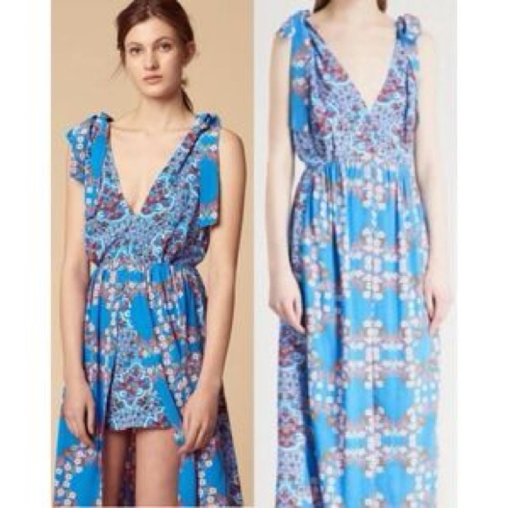 Bright Blue Floral High-Low Maxi Dress with Deep V-Neck